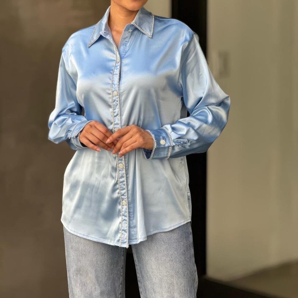 Rhinestone Diamond Lined Button Down Satin Blouse - Picture 2 of 6